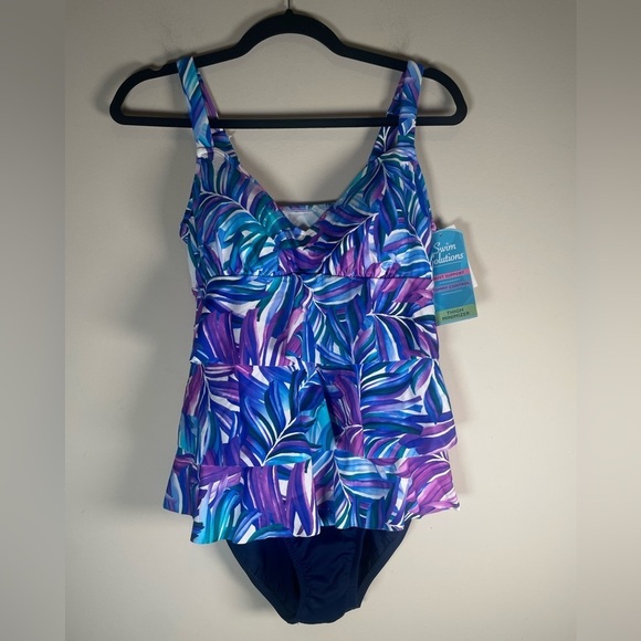 Swim Solutions DANCING PALM Tummy-Control Faux-Tankini One-Piece Swimsuit 10 - Picture 2 of 10
